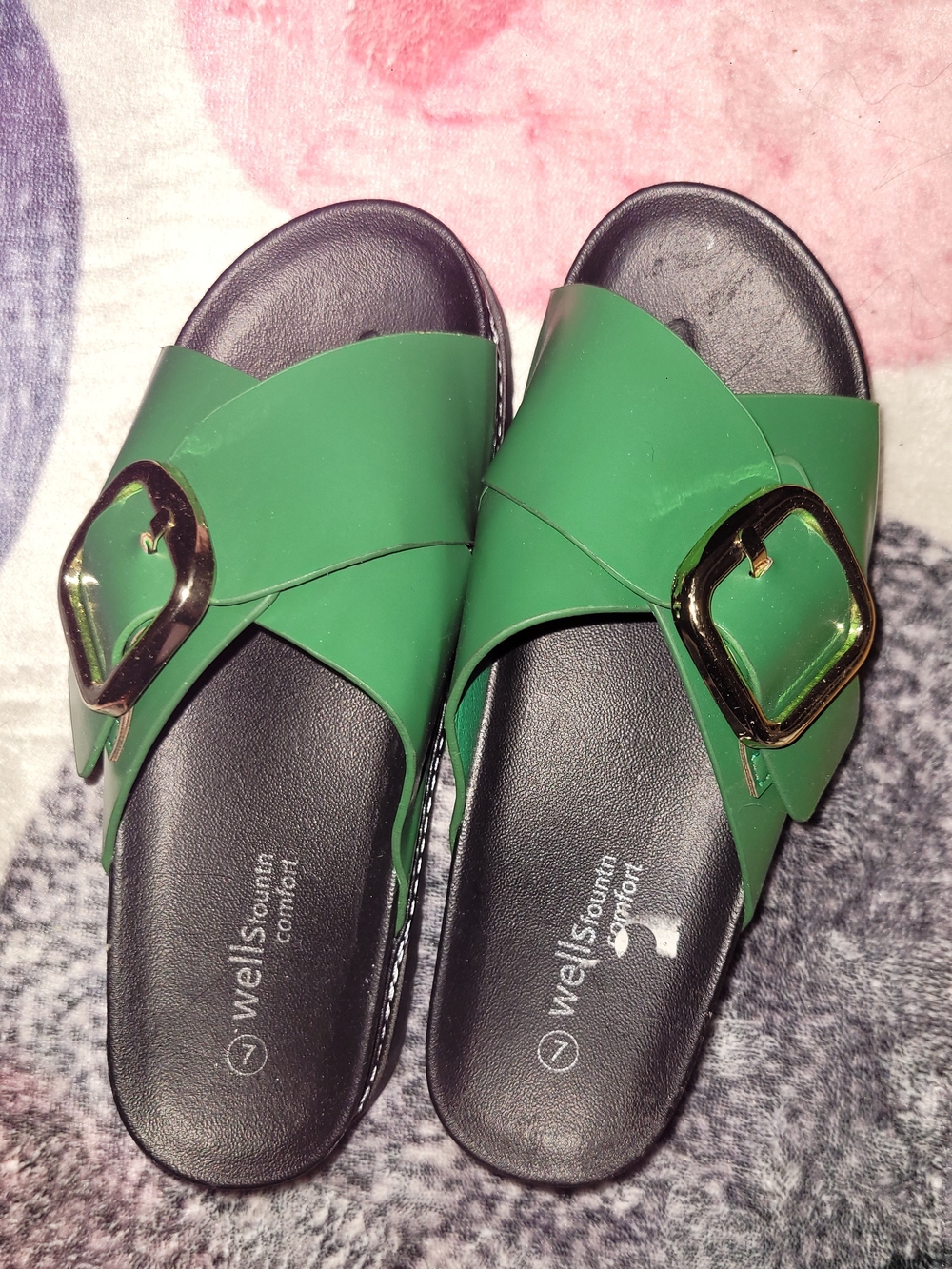 Women’s Green Slide Sandals with Gold Buckle